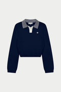 LONG SLEEVE KNITTED COLLAR POLO TOP - NAVY
