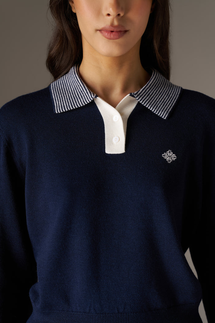 LONG SLEEVE KNITTED COLLAR POLO TOP - NAVY
