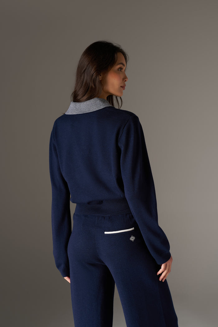 LONG SLEEVE KNITTED COLLAR POLO TOP - NAVY