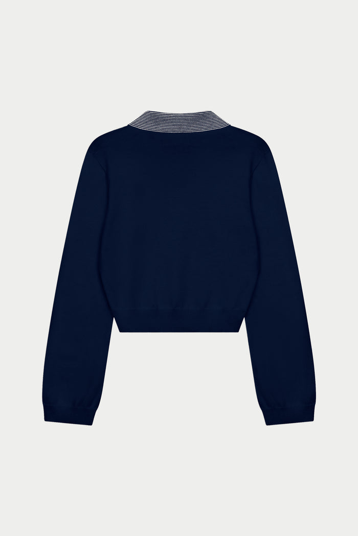 LONG SLEEVE KNITTED COLLAR POLO TOP - NAVY