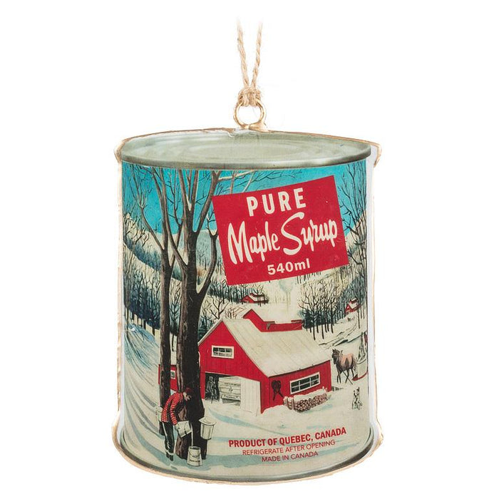 Maple syrup can ornament with winter scene and red cabin design