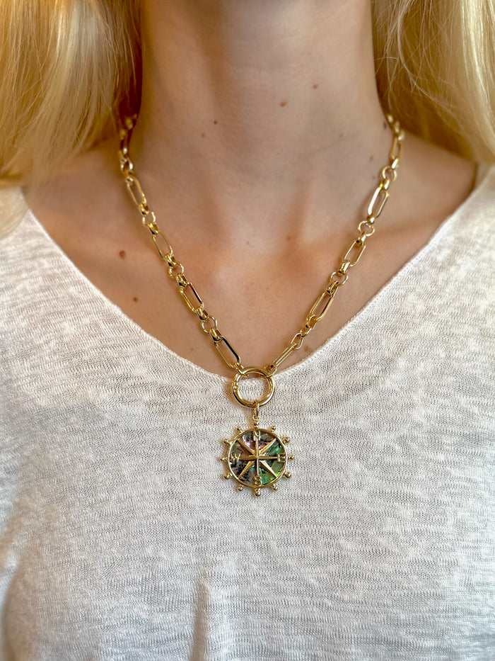 Nautical-style necklace featuring a gold chain and iridescent abalone shell compass pendant