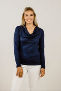 Woman wearing a navy Merino Cowl Neck - Kapeka NZ
