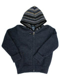 Children's navy blue hoodie with a patterned hood on a white background