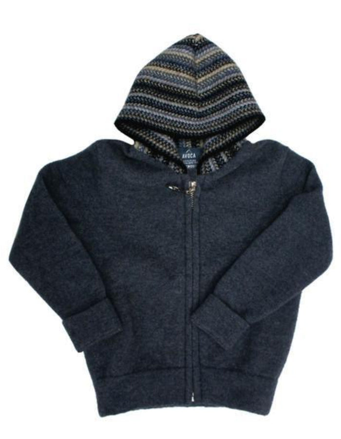 Children's navy blue hoodie with a patterned hood on a white background
