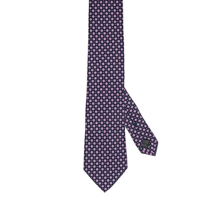 Midnight Blue 100% Italian Silk Tie With Pink Floral Pattern
