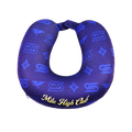 Close-up of a dark blue neck pillow with yellow "Mile High Club" text and subtle patterned design.
