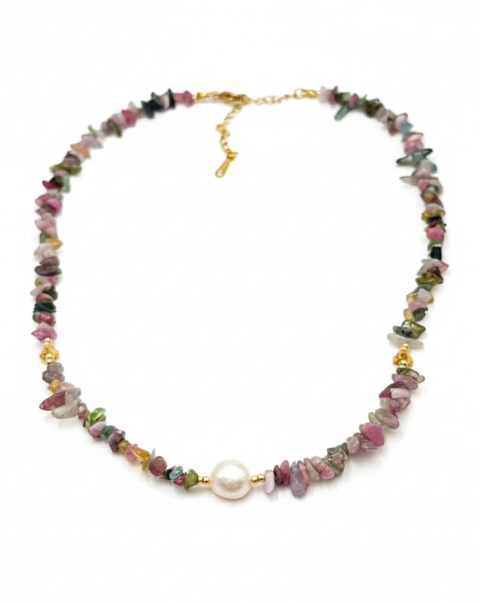 A beautiful blend of multi-color tourmaline chips and a luminous freshwater pearl. The Mira Necklace adds natural elegance to any jewelry collection.