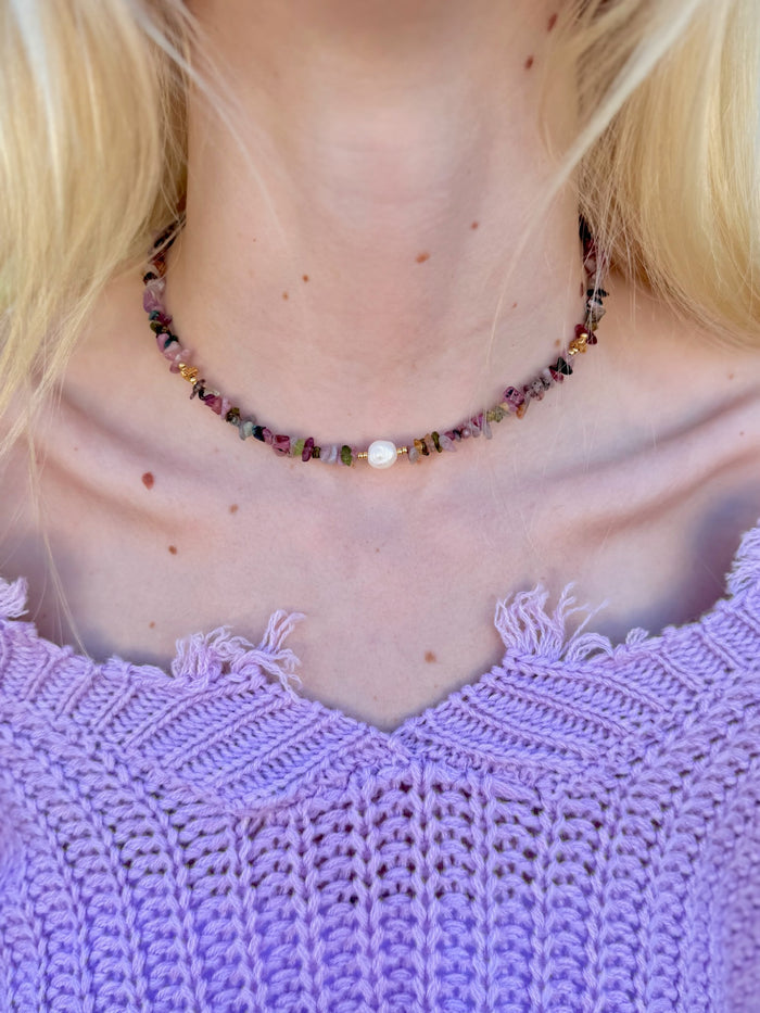 Mira Tourmaline & Pearl Necklace on model. Handcrafted with nickel free stainless steel