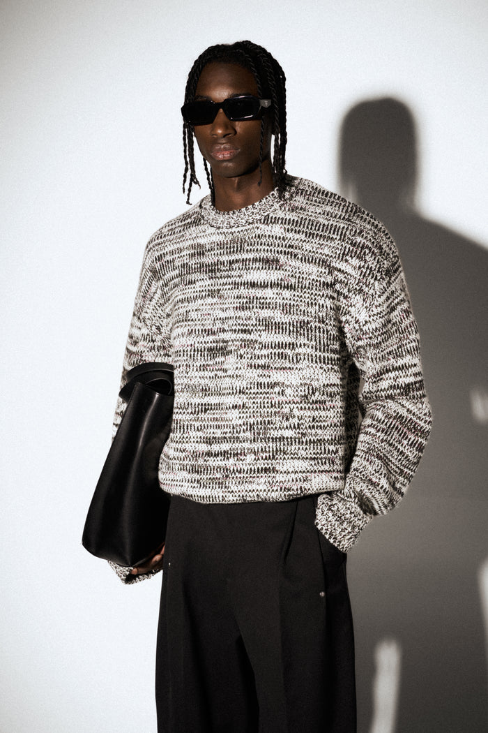 MIXED YARN KNITTED CREW - WHITE/KHAKI