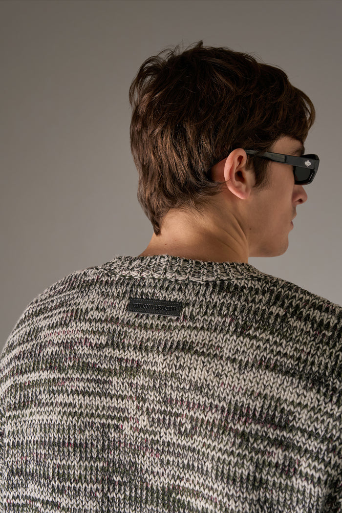 MIXED YARN KNITTED CREW - WHITE/KHAKI