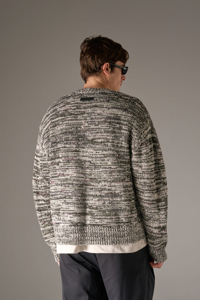 MIXED YARN KNITTED CREW - WHITE/KHAKI