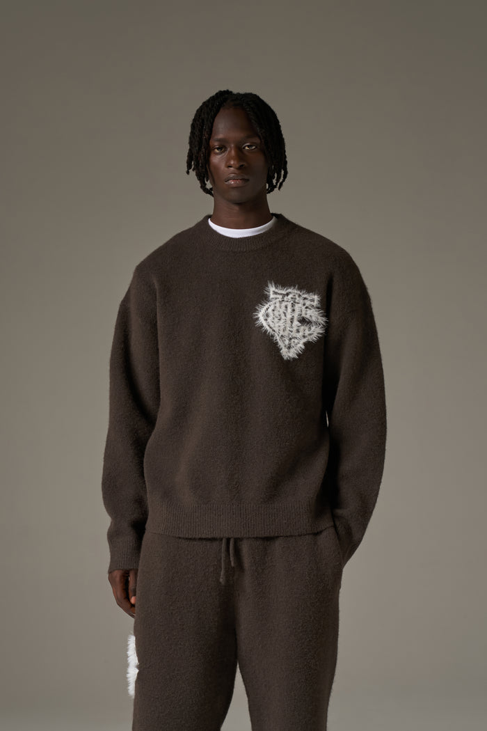 MONOGRAM FLUFFY KNIT CREW - BROWN