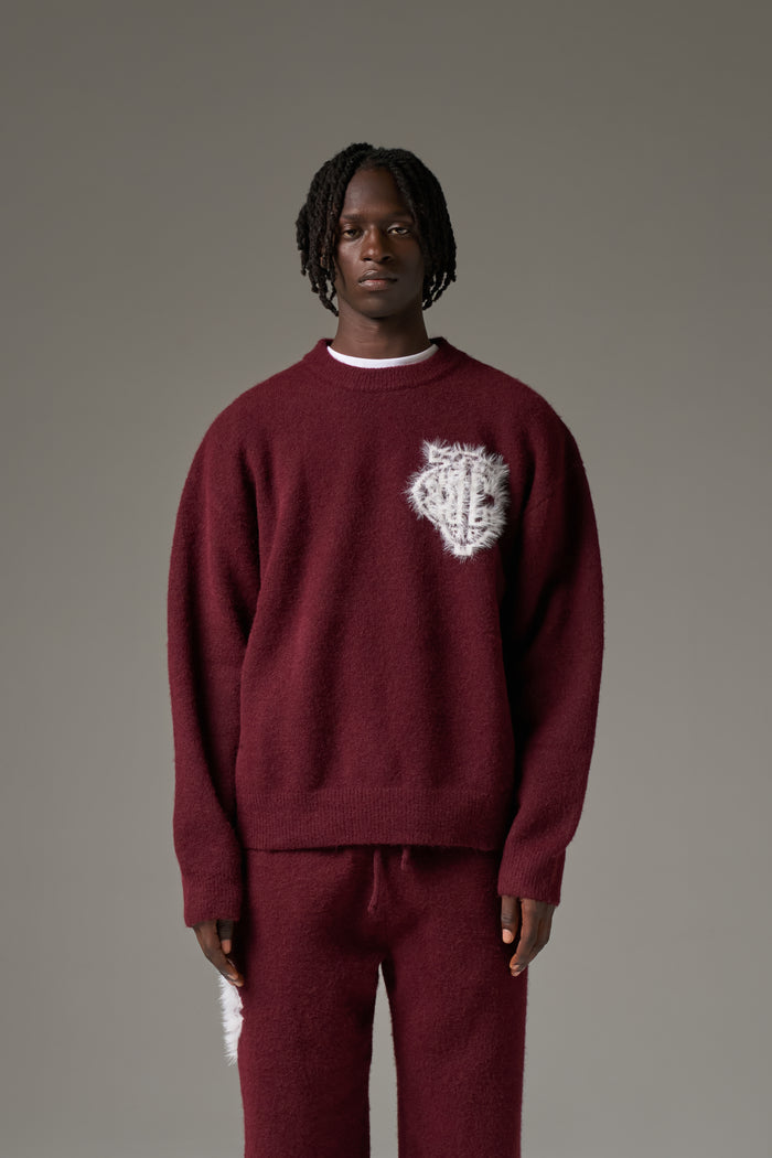 MONOGRAM FLUFFY KNIT CREW - BURGUNDY
