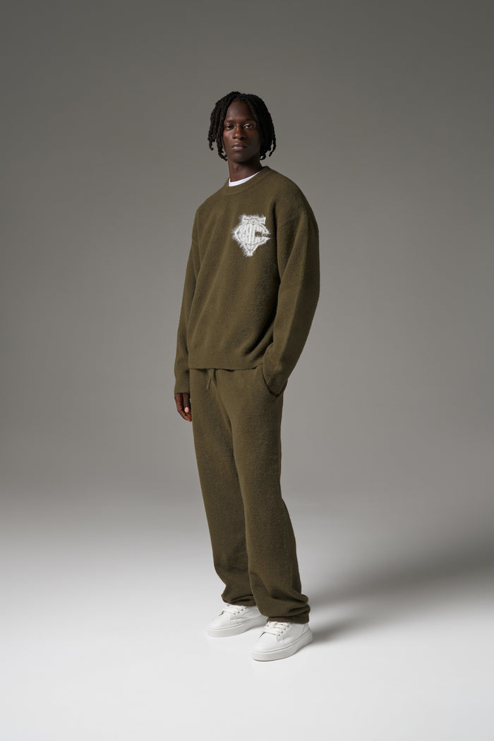 MONOGRAM FLUFFY KNIT CREW - KHAKI