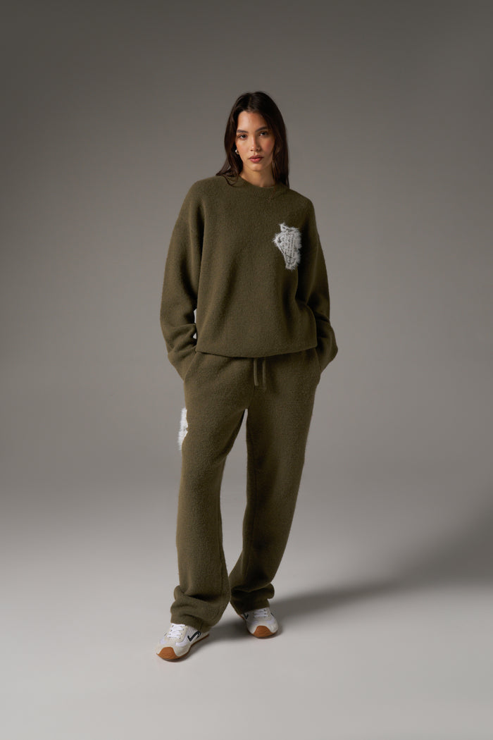 MONOGRAM FLUFFY KNIT JOGGERS - KHAKI