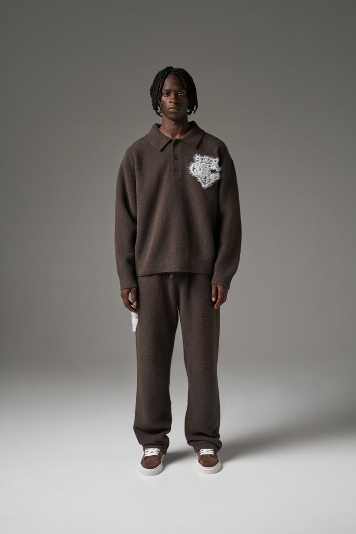 MONOGRAM FLUFFY KNIT POLO - BROWN