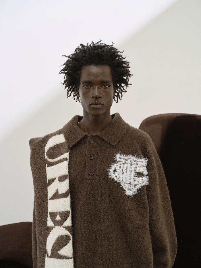 MONOGRAM FLUFFY KNIT POLO - BROWN