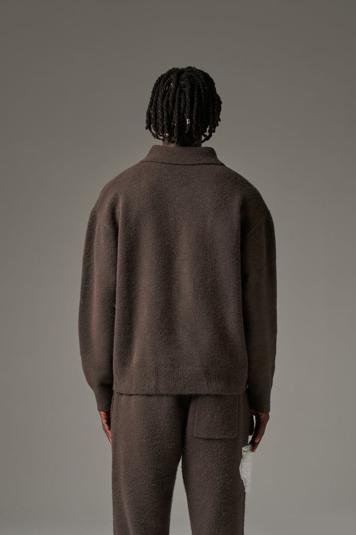 MONOGRAM FLUFFY KNIT POLO - BROWN