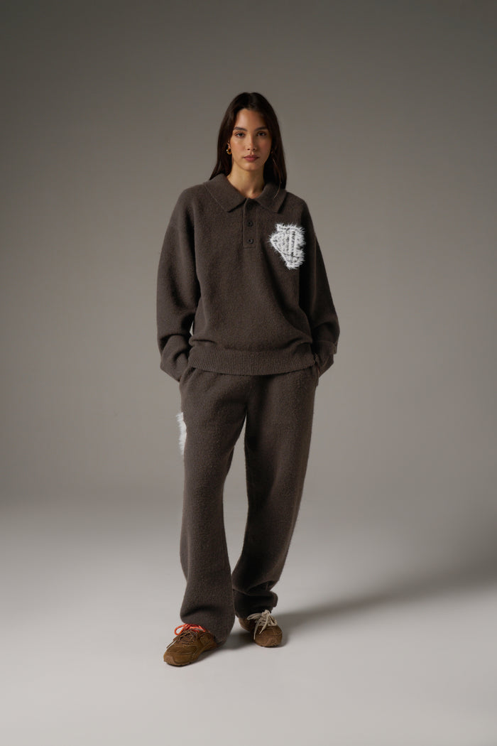 MONOGRAM FLUFFY KNIT POLO - BROWN