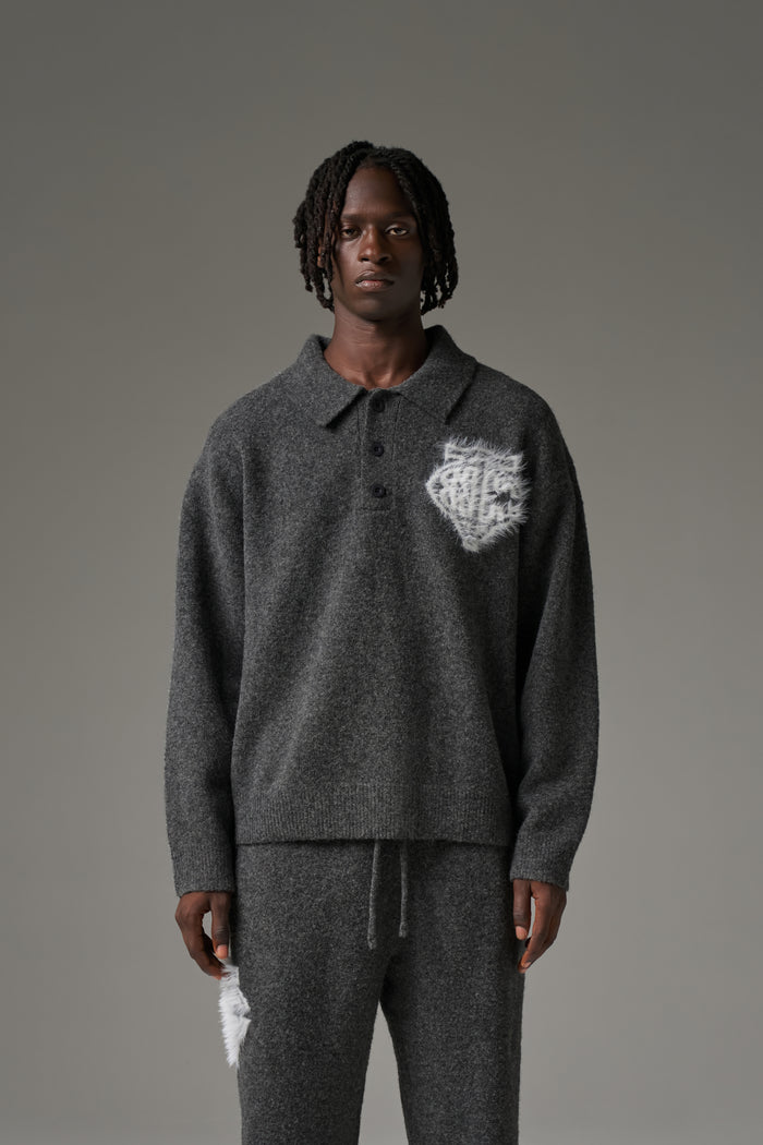 MONOGRAM FLUFFY KNIT POLO - CHARCOAL