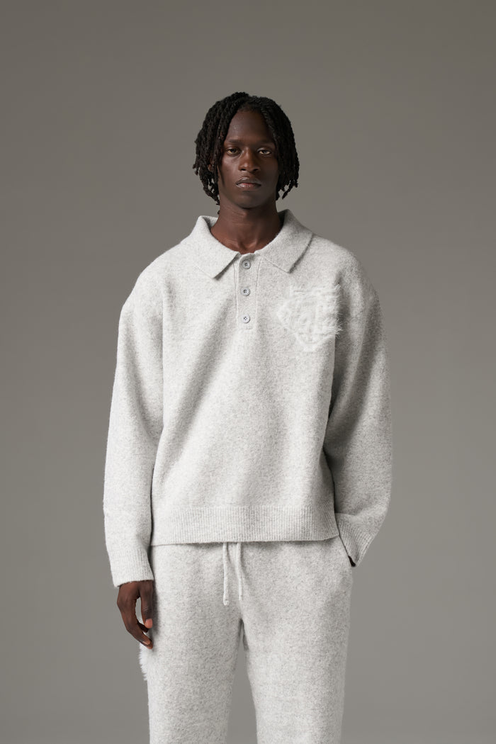 MONOGRAM FLUFFY KNIT POLO - GREY MARL