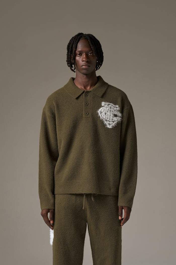 MONOGRAM FLUFFY KNIT POLO - KHAKI