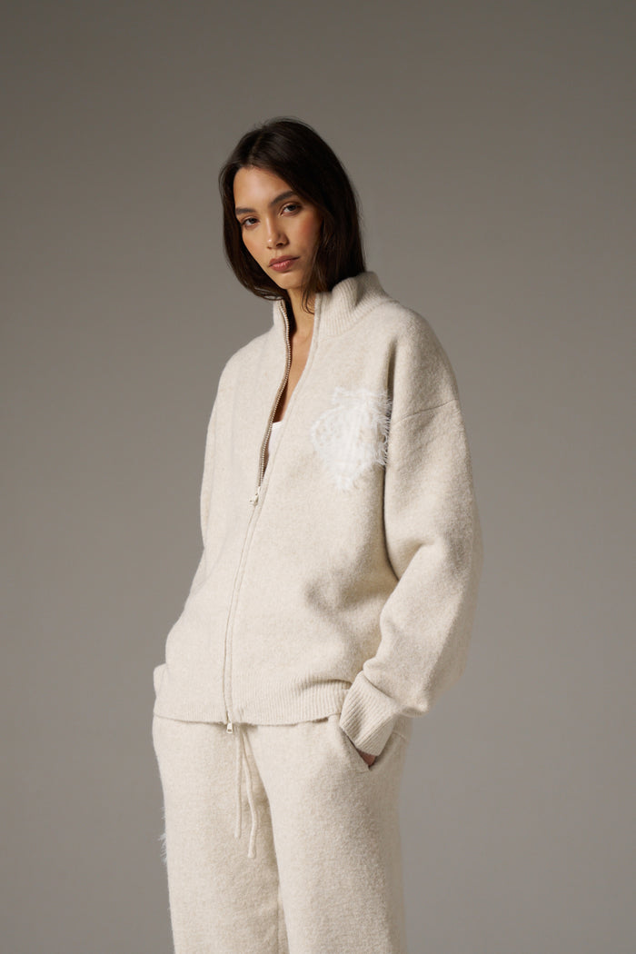 MONOGRAM FLUFFY KNIT ZIP THROUGH - BEIGE
