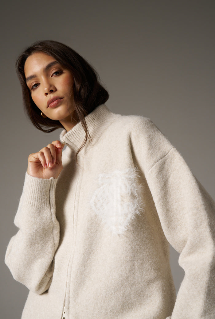 MONOGRAM FLUFFY KNIT ZIP THROUGH - BEIGE