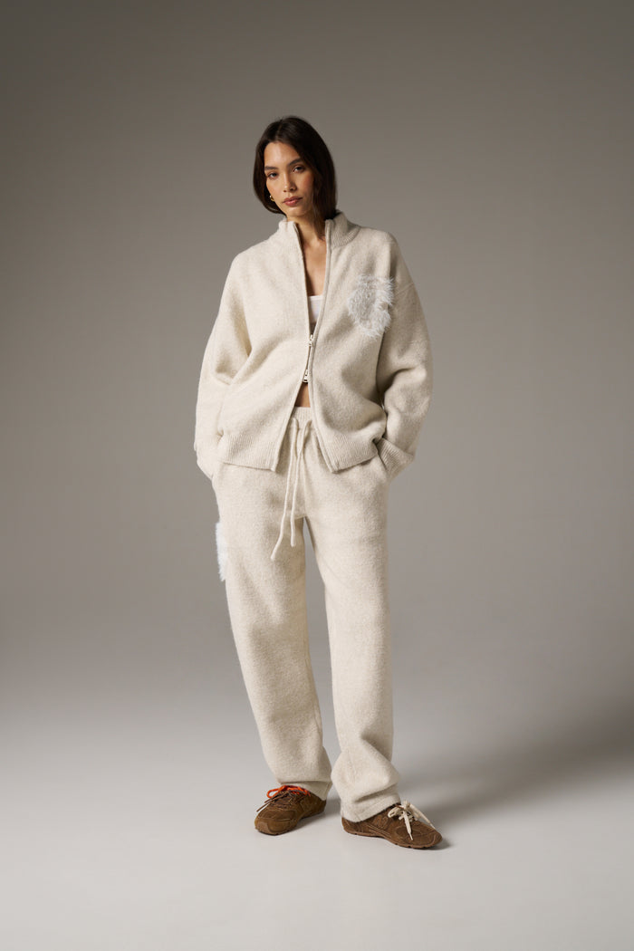 MONOGRAM FLUFFY KNIT ZIP THROUGH - BEIGE
