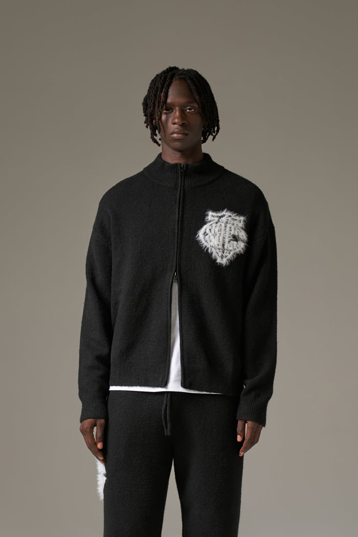 MONOGRAM FLUFFY KNIT ZIP THROUGH - BLACK