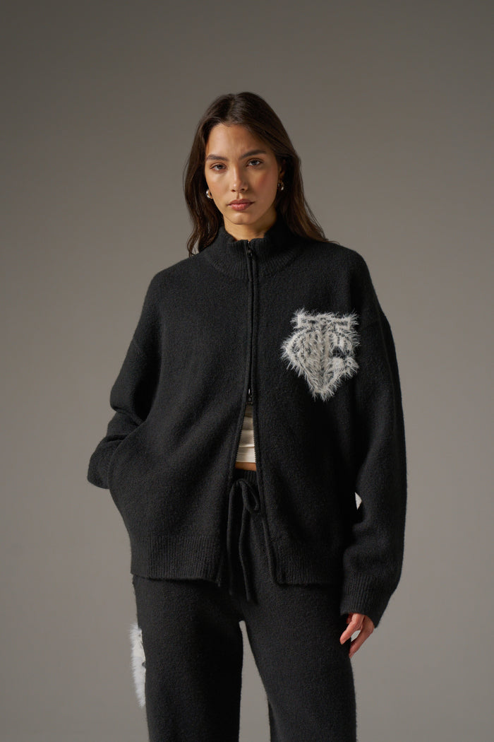MONOGRAM FLUFFY KNIT ZIP THROUGH - BLACK
