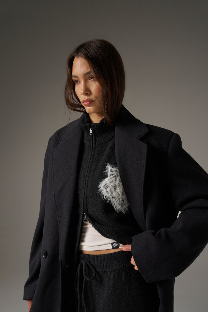 MONOGRAM FLUFFY KNIT ZIP THROUGH - BLACK