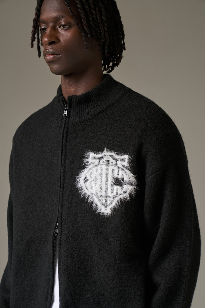 MONOGRAM FLUFFY KNIT ZIP THROUGH - BLACK