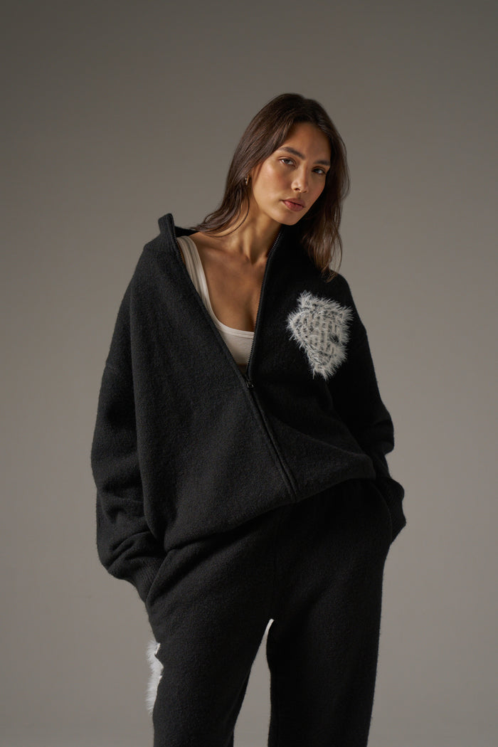 MONOGRAM FLUFFY KNIT ZIP THROUGH - BLACK