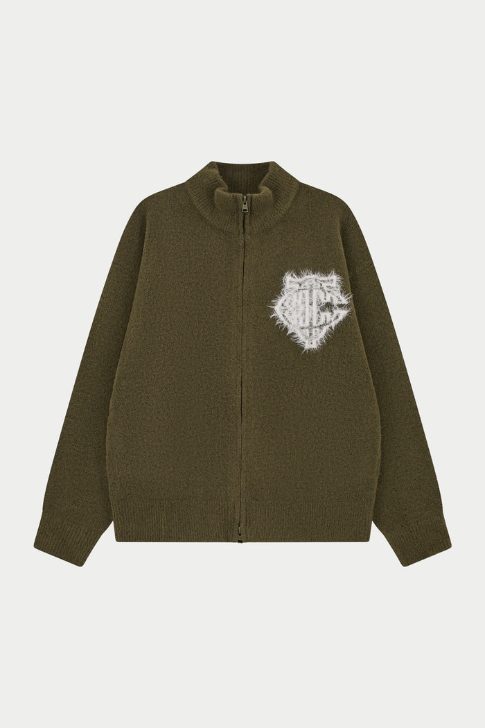 MONOGRAM FLUFFY KNIT ZIP THROUGH - KHAKI