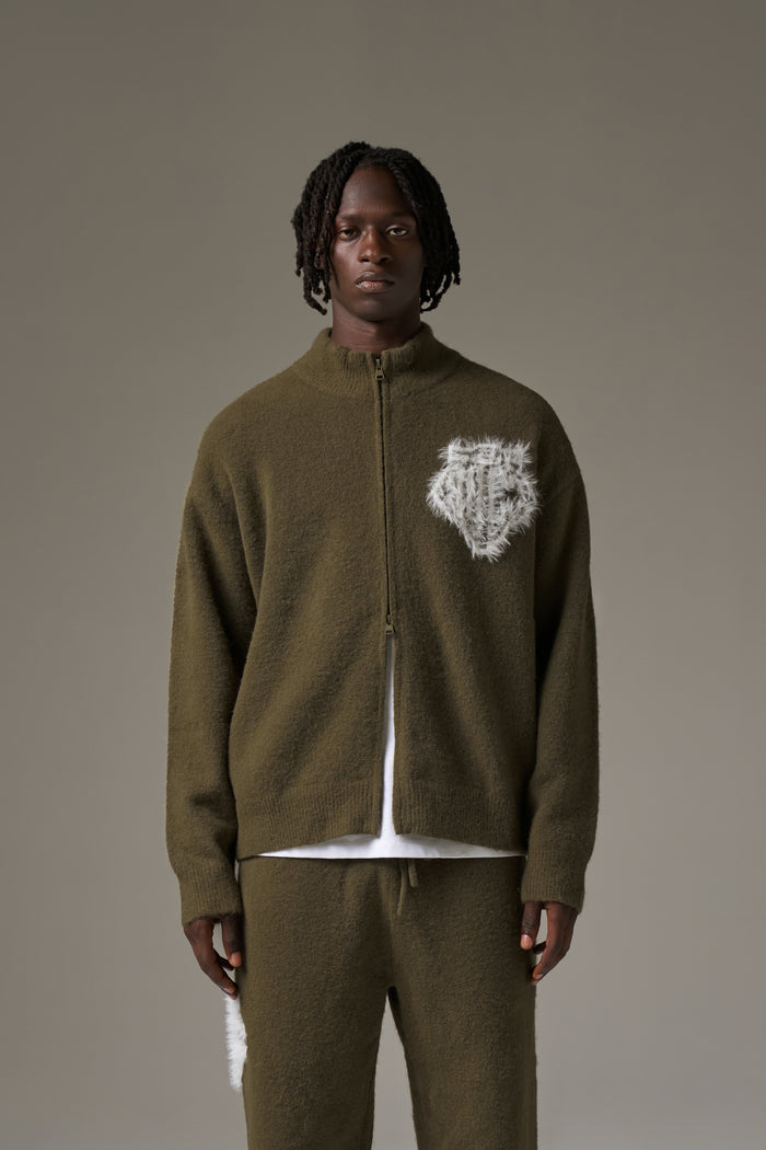 MONOGRAM FLUFFY KNIT ZIP THROUGH - KHAKI