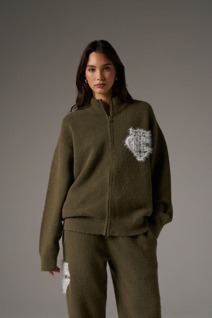 MONOGRAM FLUFFY KNIT ZIP THROUGH - KHAKI