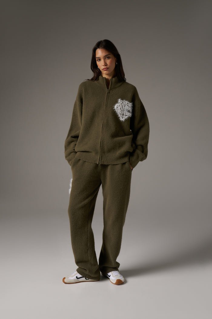 MONOGRAM FLUFFY KNIT ZIP THROUGH - KHAKI