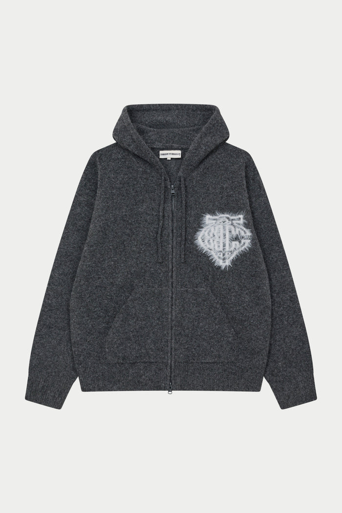 MONOGRAM FLUFFY KNIT ZIP THROUGH HOODIE - CHARCOAL