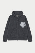 MONOGRAM FLUFFY KNIT ZIP THROUGH HOODIE - CHARCOAL