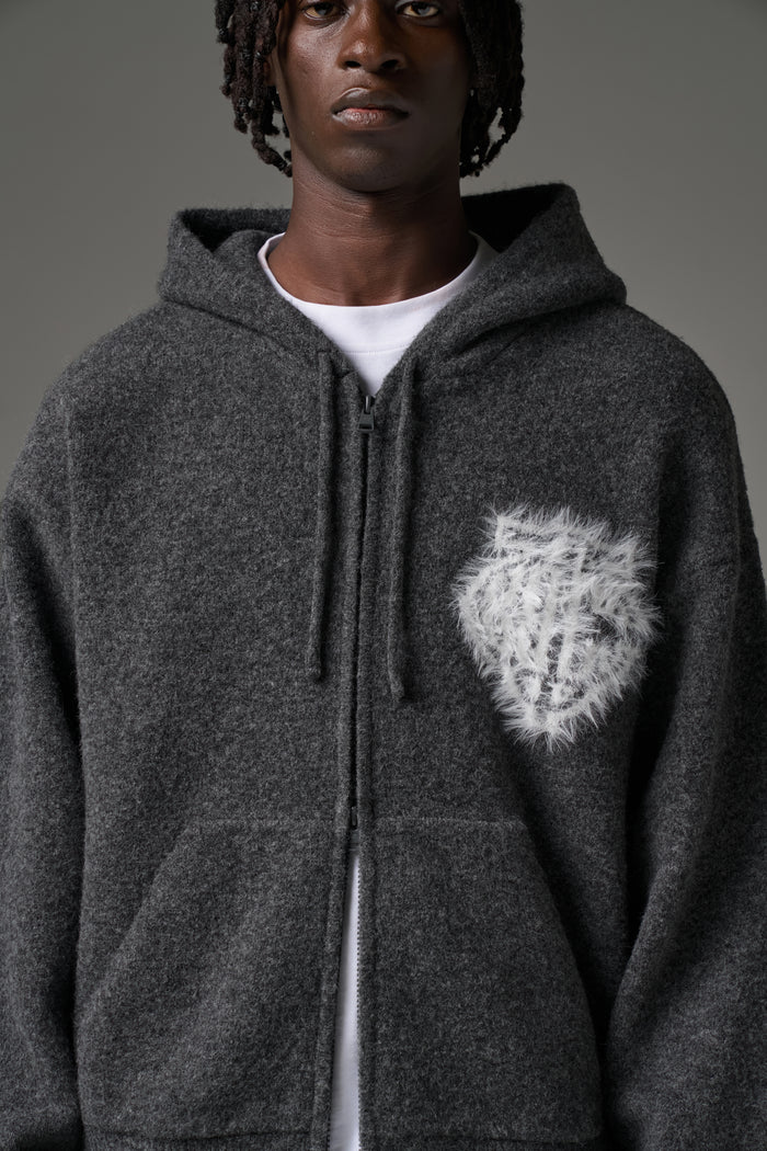 MONOGRAM FLUFFY KNIT ZIP THROUGH HOODIE - CHARCOAL