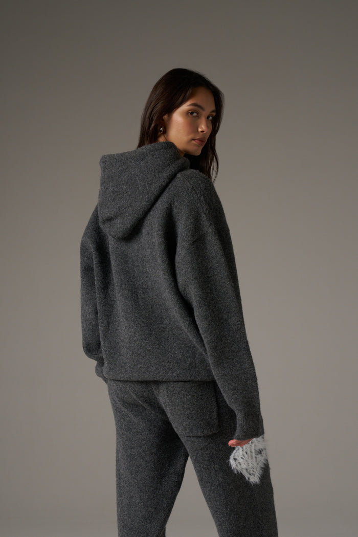 MONOGRAM FLUFFY KNIT ZIP THROUGH HOODIE - CHARCOAL