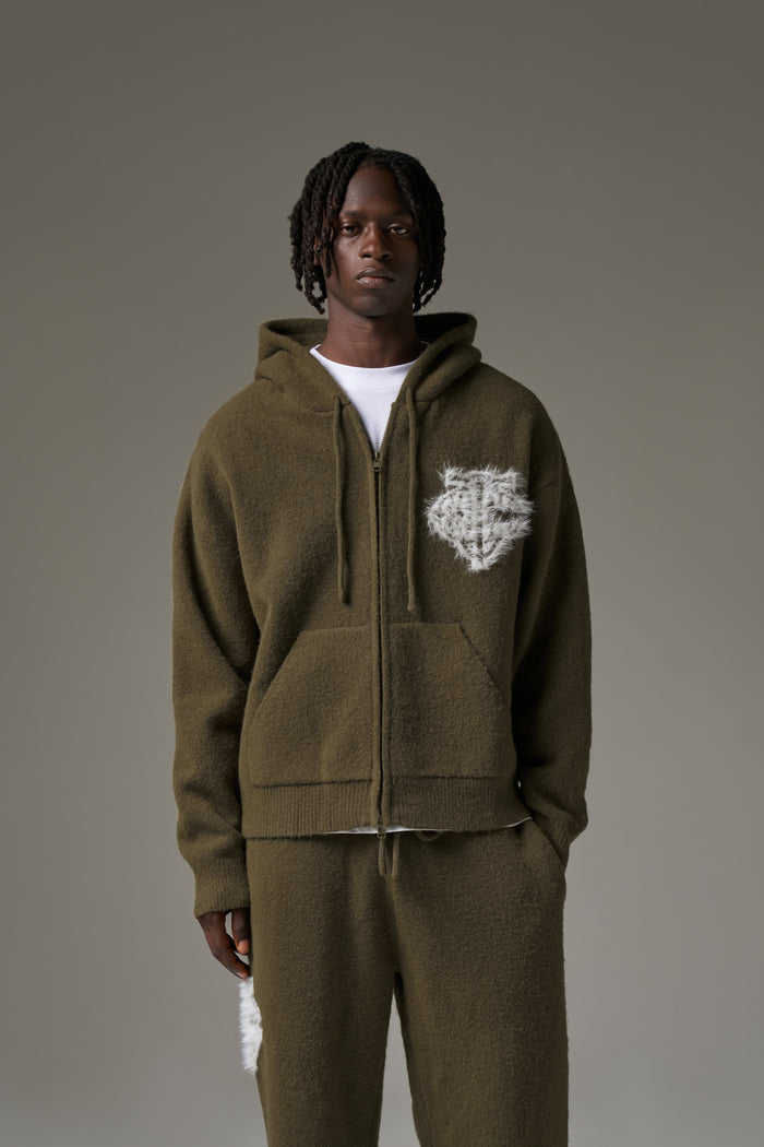 MONOGRAM FLUFFY KNIT ZIP THROUGH HOODIE - KHAKI