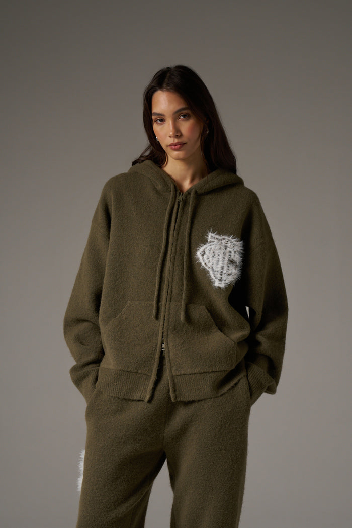 MONOGRAM FLUFFY KNIT ZIP THROUGH HOODIE - KHAKI