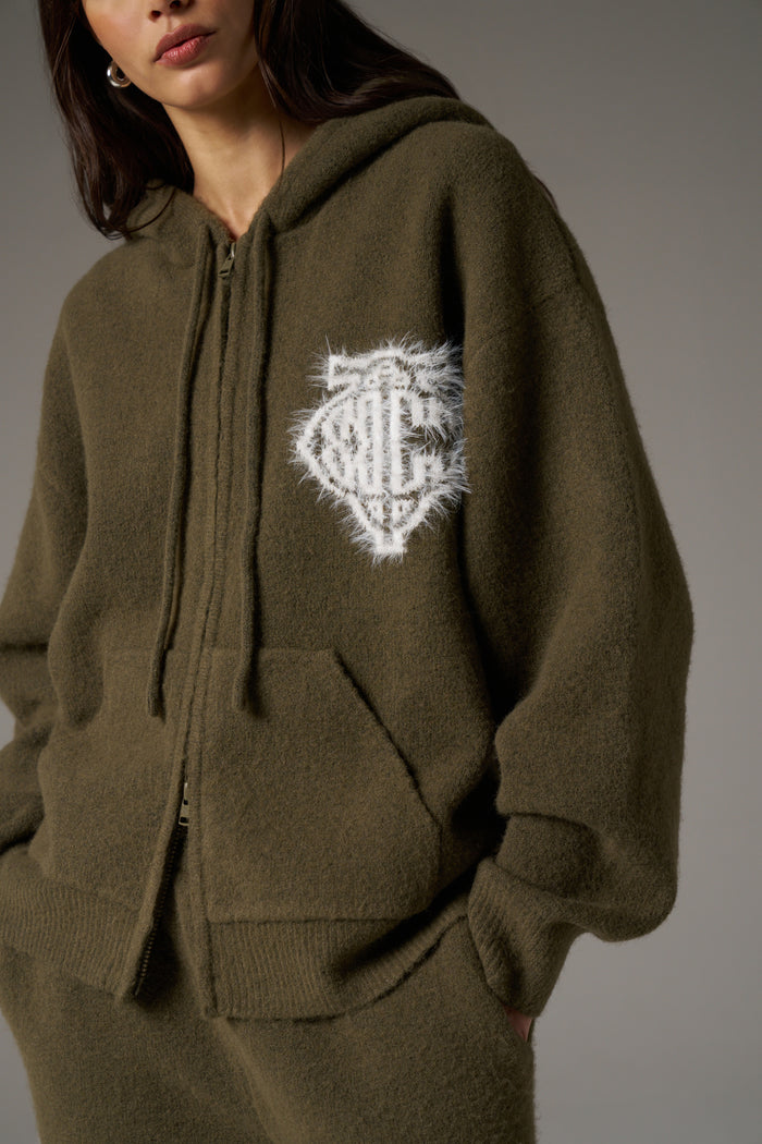 MONOGRAM FLUFFY KNIT ZIP THROUGH HOODIE - KHAKI