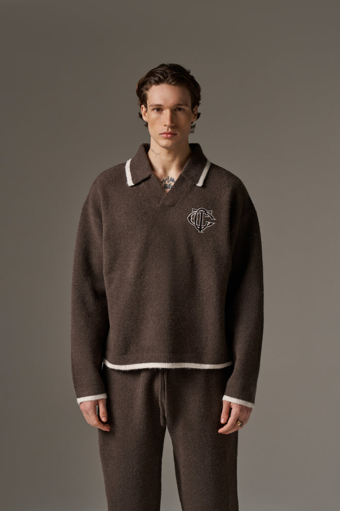 MONOGRAM KNITTED POLO TOP - BROWN