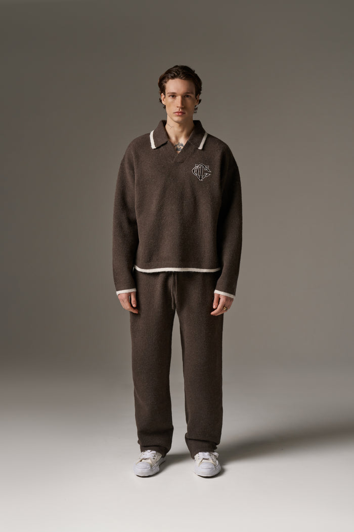 MONOGRAM KNITTED POLO TOP - BROWN