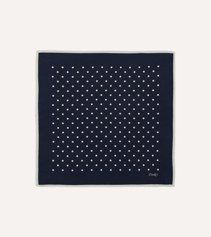 Navy Polka Dot Print Silk Pocket Square