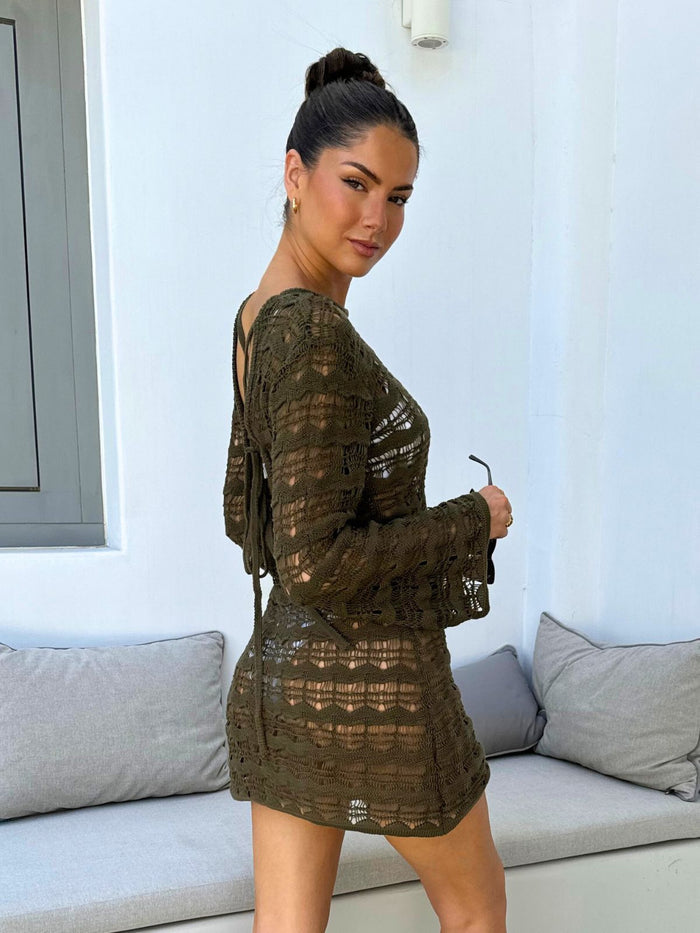 NEW FIT Ocean Long Sleeve Lace Back Mini dress / Khaki - Style Cheat